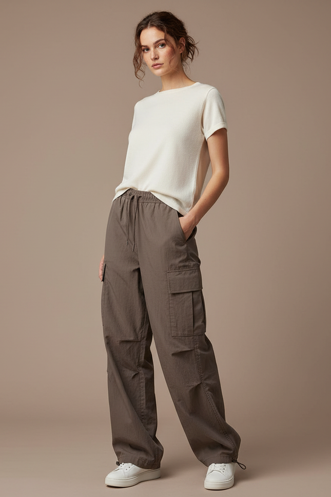 Pantalon Marron Cargo Ample Décontracté Cordon Femme - Kaki Polyester