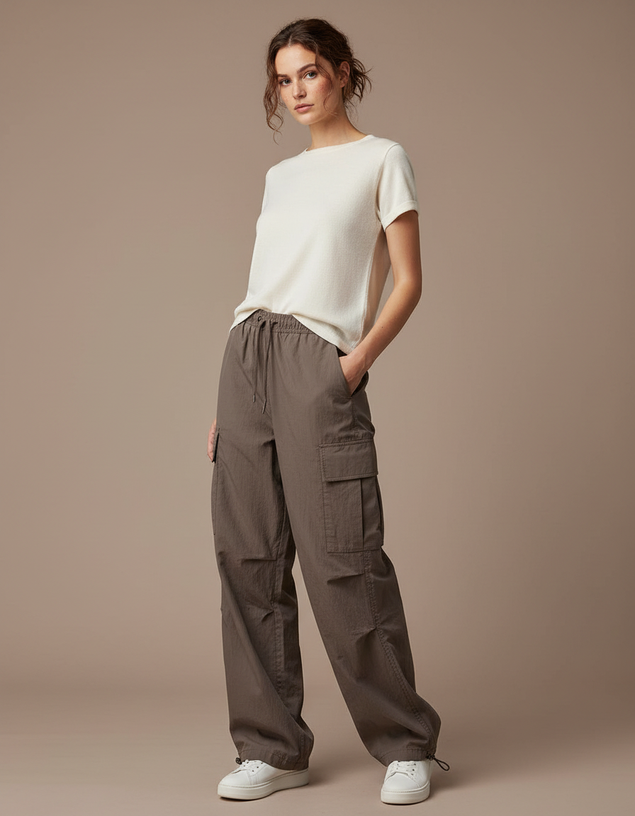Pantalon Marron Cargo Ample Décontracté Cordon Femme - Kaki Polyester