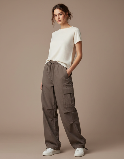 Pantalon Marron Cargo Ample Décontracté Cordon Femme - Kaki Polyester