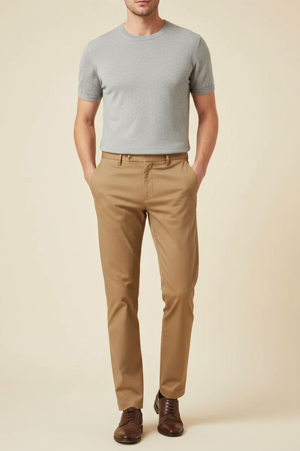 Pantalon Marron Chino Droit Élégant Extensible Homme - Camel Gabardine