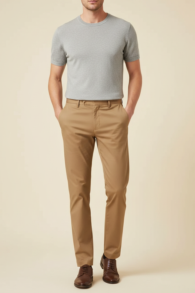 Pantalon Marron Chino Droit Élégant Extensible Homme - Camel Gabardine