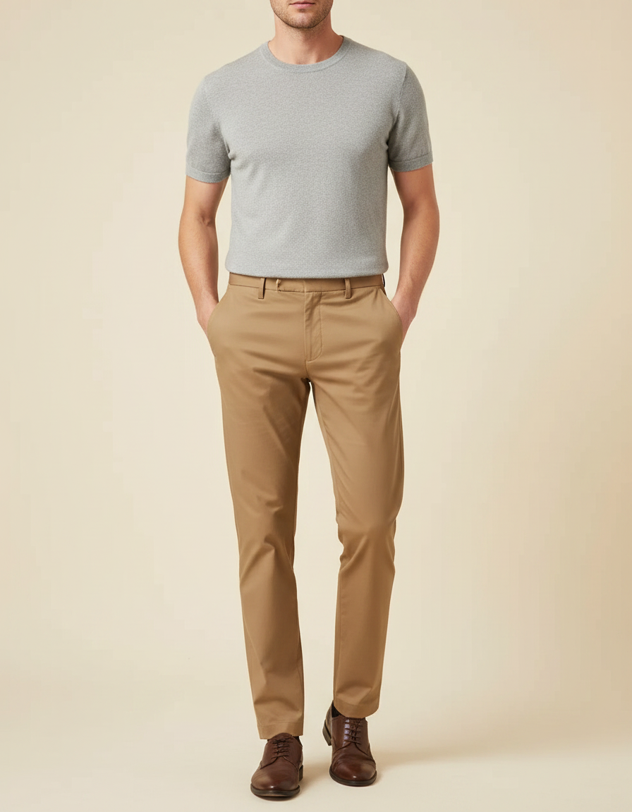 Pantalon Marron Chino Droit Élégant Extensible Homme - Camel Gabardine