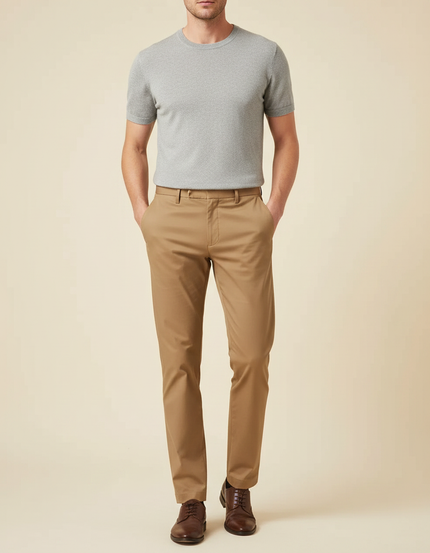 Pantalon Marron Chino Droit Élégant Extensible Homme - Camel Gabardine
