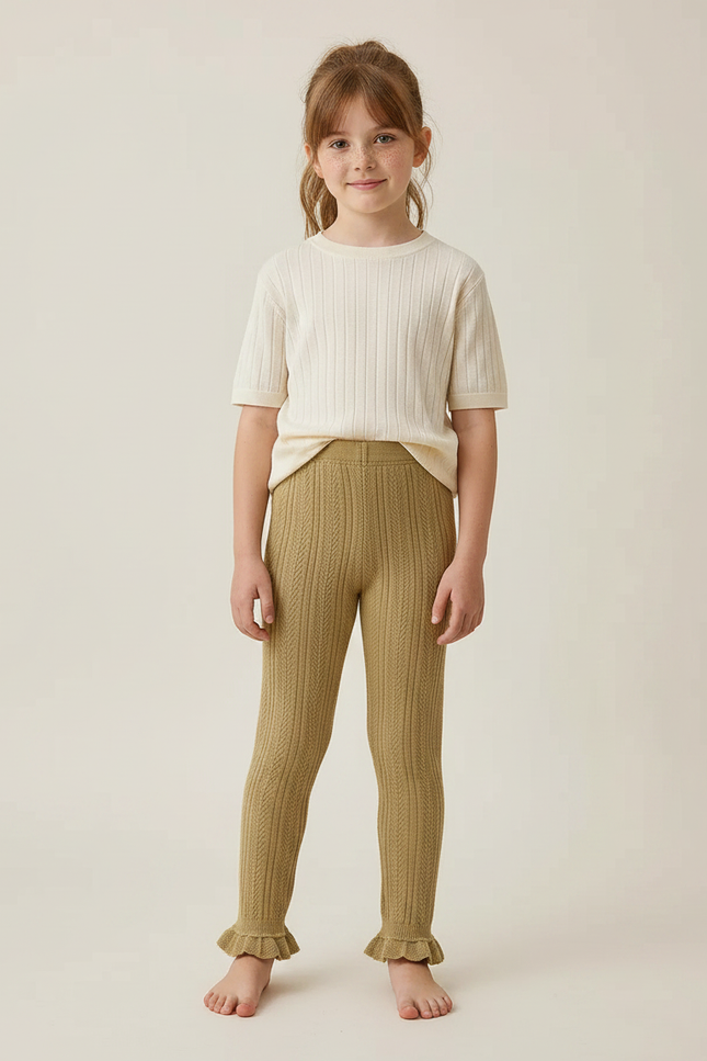 Pantalon Marron Tricoté Câblé Volants Confortable Enfant - Kaki Maille