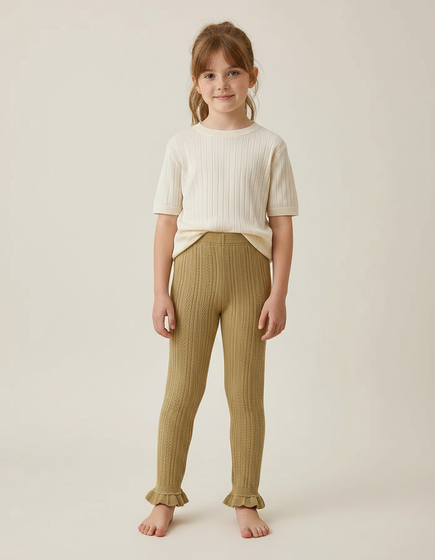 Pantalon Marron Tricoté Câblé Volants Confortable Enfant - Kaki Maille