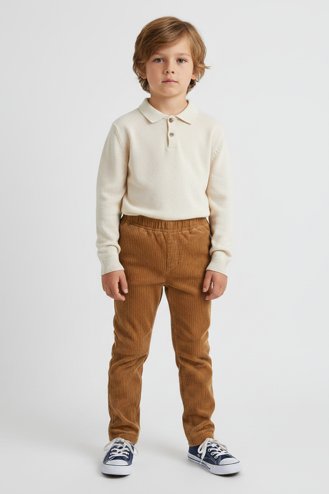 Pantalon Marron Côtelé Slim Taille Élastique Enfant - Cordé