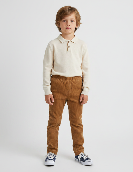 Pantalon Marron Côtelé Slim Taille Élastique Enfant - Cordé