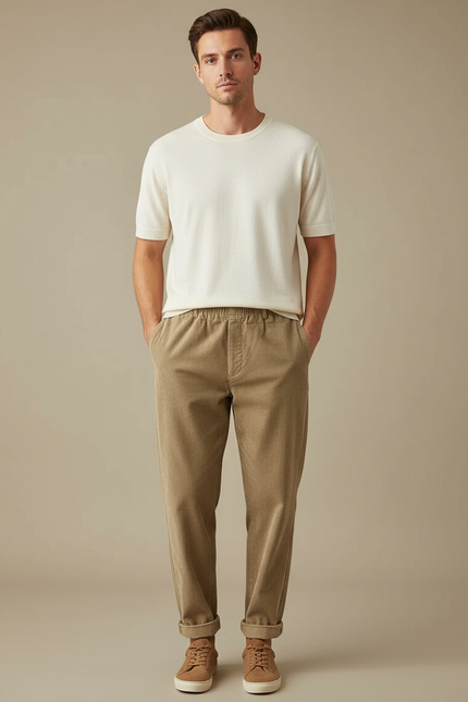 Pantalon Marron Côtelé Décontracté Coupe Droite Cordon Élastique - Cordé