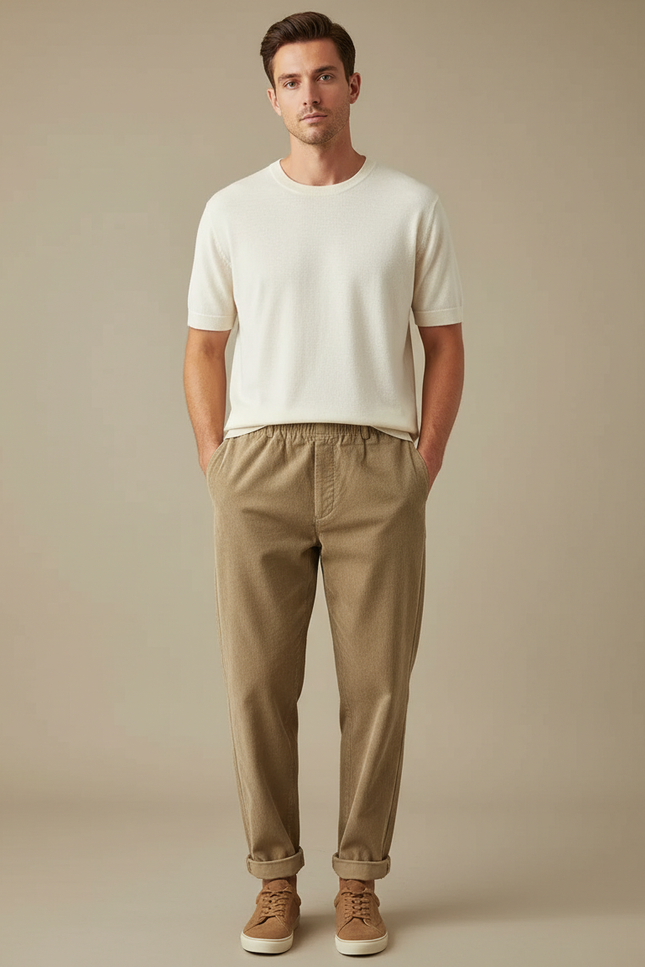 Pantalon Marron Côtelé Décontracté Coupe Droite Cordon Élastique - Cordé
