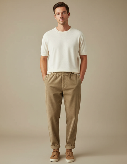 Pantalon Marron Côtelé Décontracté Coupe Droite Cordon Élastique - Cordé