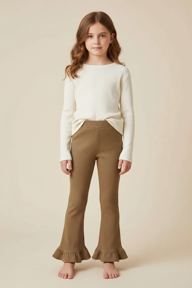 Pantalon Marron Côtelé Évasé À Volants Enfant - Kaki Maille