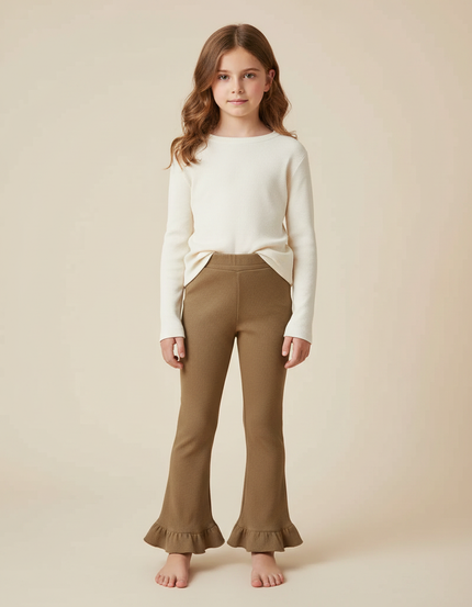 Pantalon Marron Côtelé Évasé À Volants Enfant - Kaki Maille
