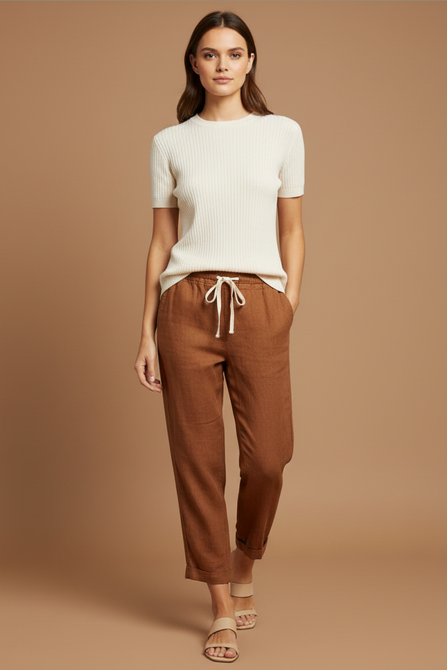 Pantalon Marron Lin Cordon Ample Décontracté Femme