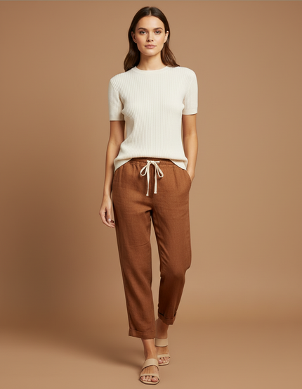 Pantalon Marron Lin Cordon Ample Décontracté Femme