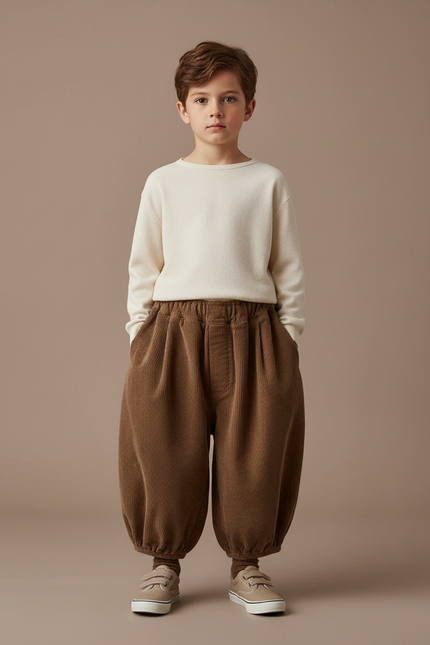 Pantalon Marron Côtelé Ample Bouffant Enfant Rétro - Cordé