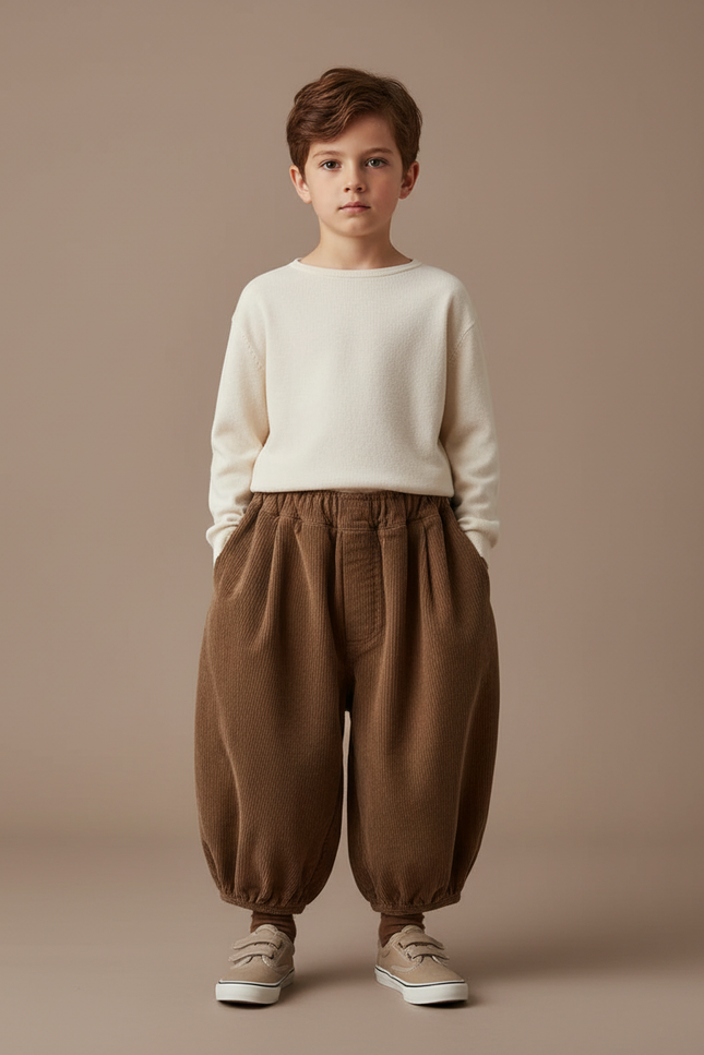 Pantalon Marron Côtelé Ample Bouffant Enfant Rétro - Cordé