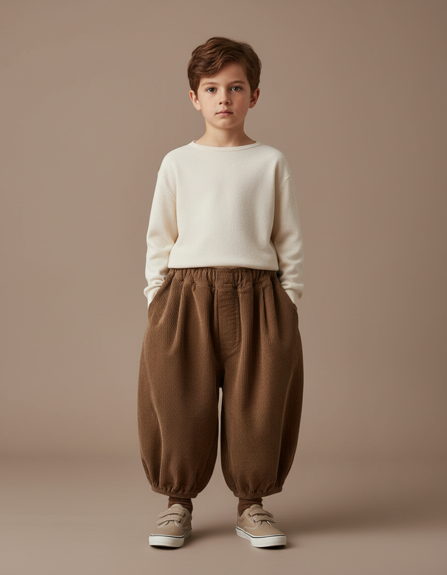 Pantalon Marron Côtelé Ample Bouffant Enfant Rétro - Cordé