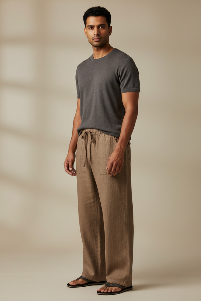 Pantalon Marron Lin Ample Respirant Décontracté Homme
