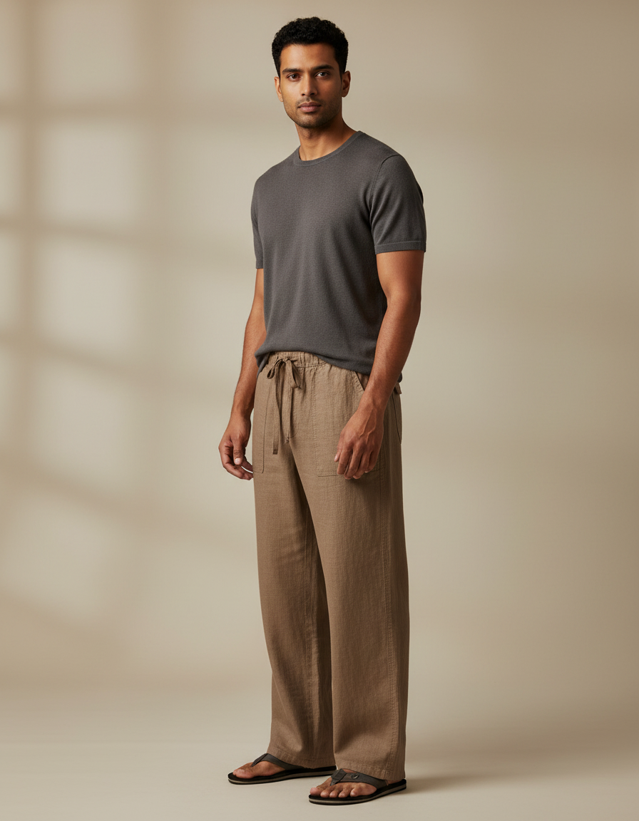 Pantalon Marron Lin Ample Respirant Décontracté Homme