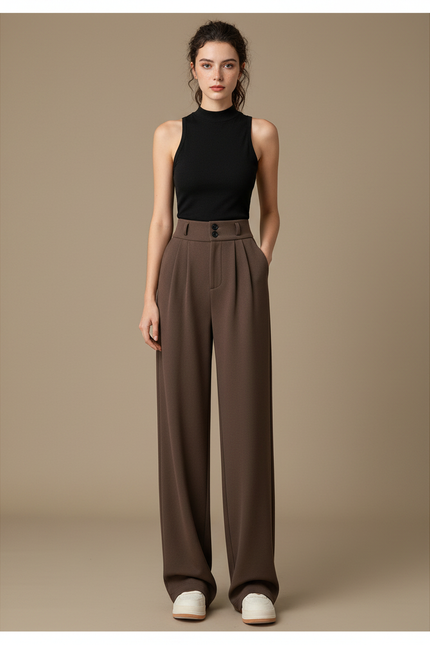 Pantalon Marron Taille Haute Ample Droit Élégant - Polyester