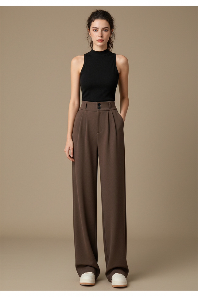 Pantalon Marron Taille Haute Ample Droit Élégant - Polyester