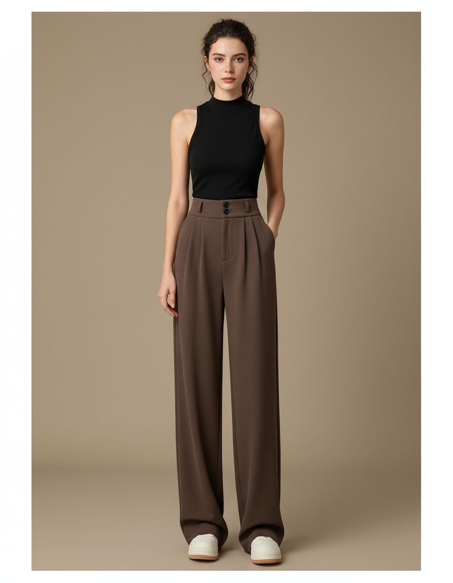 Pantalon Marron Taille Haute Ample Droit Élégant - Polyester