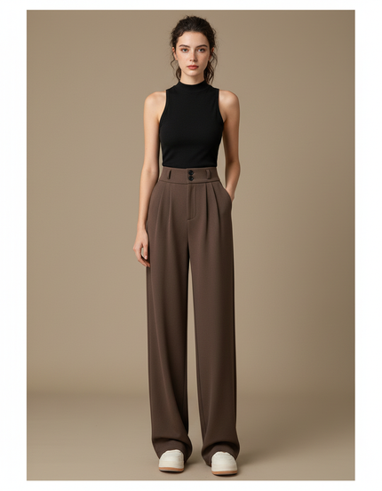 Pantalon Marron Taille Haute Ample Droit Élégant - Polyester