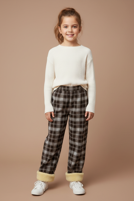 Pantalon Marron Plaid Doublé Polaire Ample Hiver - Tweed