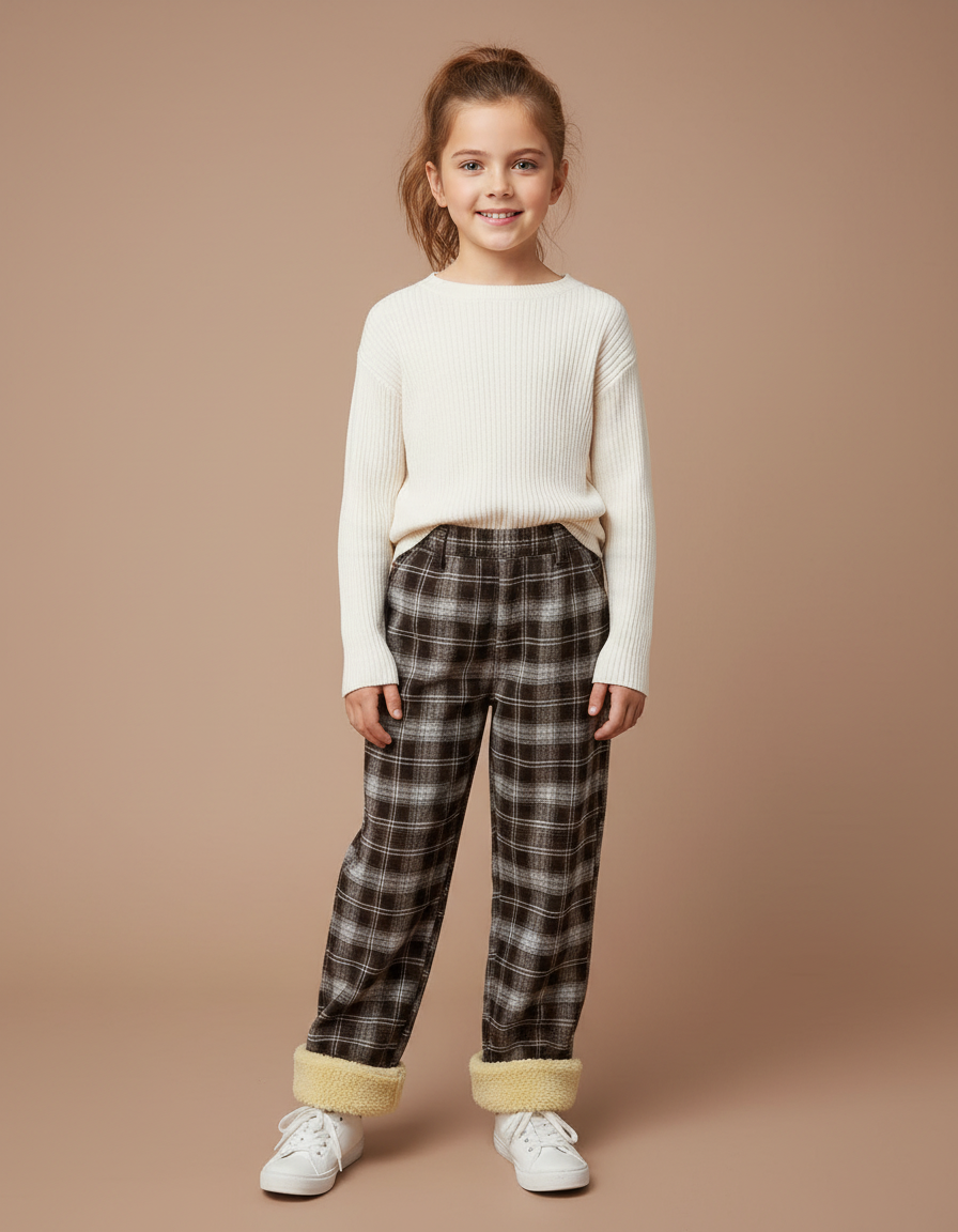 Pantalon Marron Plaid Doublé Polaire Ample Hiver - Tweed