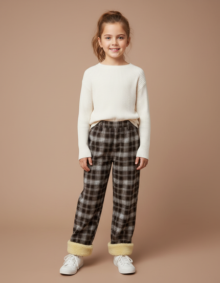 Pantalon Marron Plaid Doublé Polaire Ample Hiver - Tweed