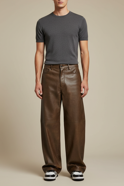 Pantalon Marron Cuir Ample Large Décontracté Homme