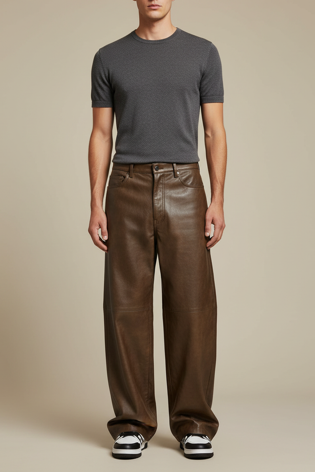 Pantalon Marron Cuir Ample Large Décontracté Homme