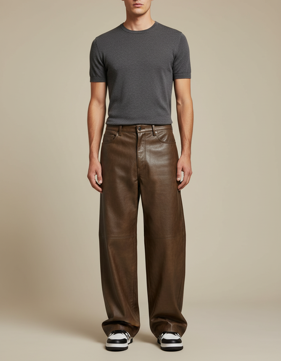 Pantalon Marron Cuir Ample Large Décontracté Homme