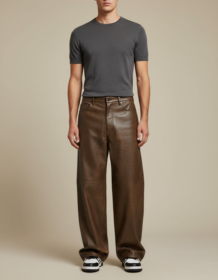 Pantalon Marron Cuir Ample Large Décontracté Homme