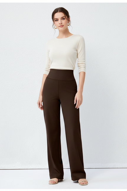Pantalon Marron Taille Haute Ample Droit Élégant Fluide - Polyester