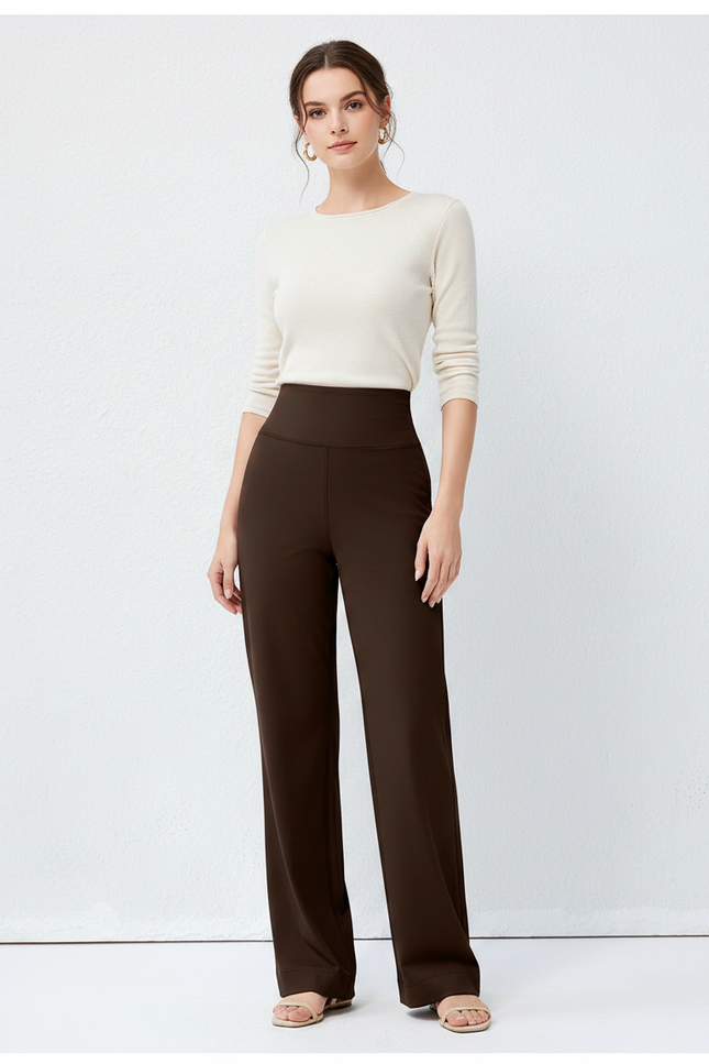 Pantalon Marron Taille Haute Ample Droit Élégant Fluide - Polyester
