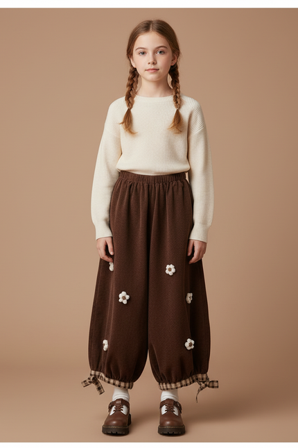 Pantalon Marron Ample Côtelé Fleuri Décontracté Enfant - Cordé