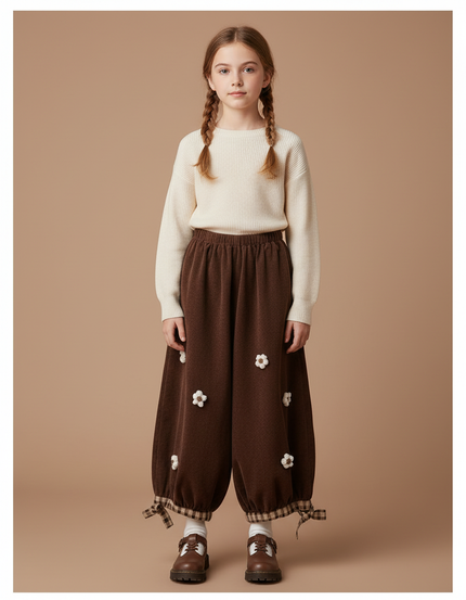Pantalon Marron Ample Côtelé Fleuri Décontracté Enfant - Cordé