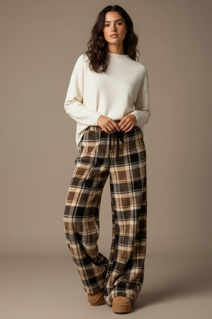 Pantalon Carreaux Marron Femme - Tweed