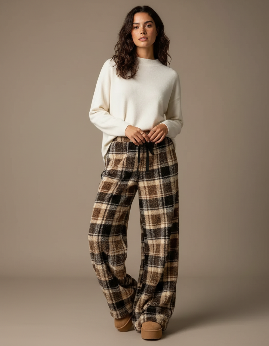 Pantalon Carreaux Marron Femme - Tweed
