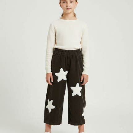 Pantalon Marron Côtelé Étoiles Blanches Ample Fille - Cordé