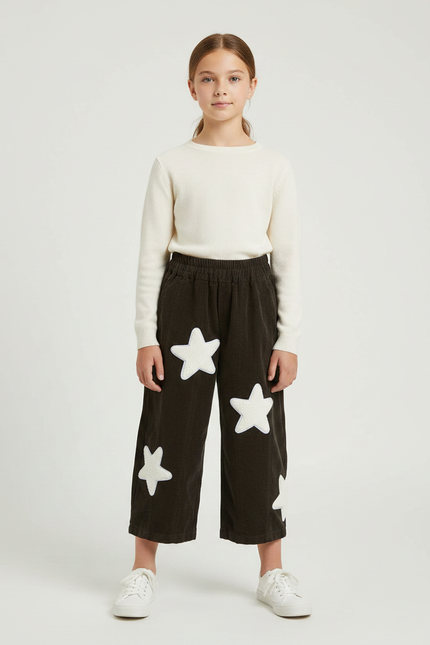 Pantalon Marron Côtelé Étoiles Blanches Ample Fille - Cordé