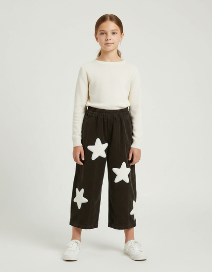 Pantalon Marron Côtelé Étoiles Blanches Ample Fille - Cordé