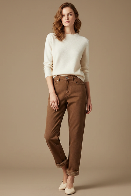 Pantalon Marron Doublé Polaire Ample Confortable Femme - Jean