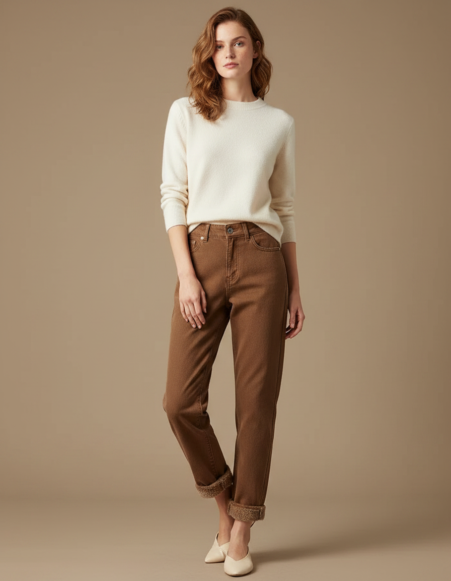 Pantalon Marron Doublé Polaire Ample Confortable Femme - Jean