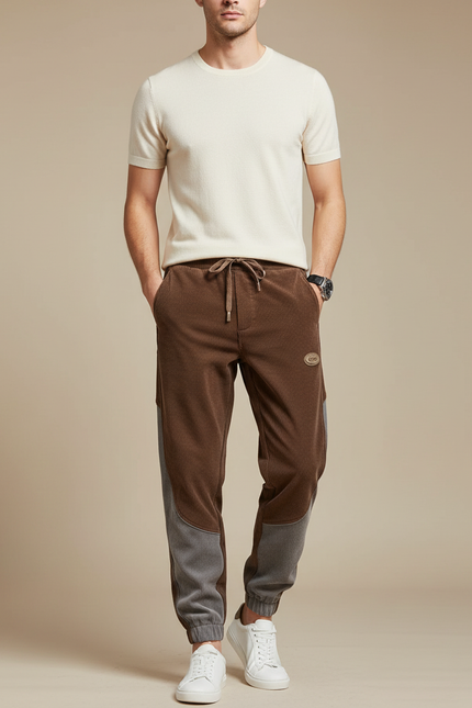 Pantalon Marron Côtelé Bicolore Sport Décontracté Homme - Cordé