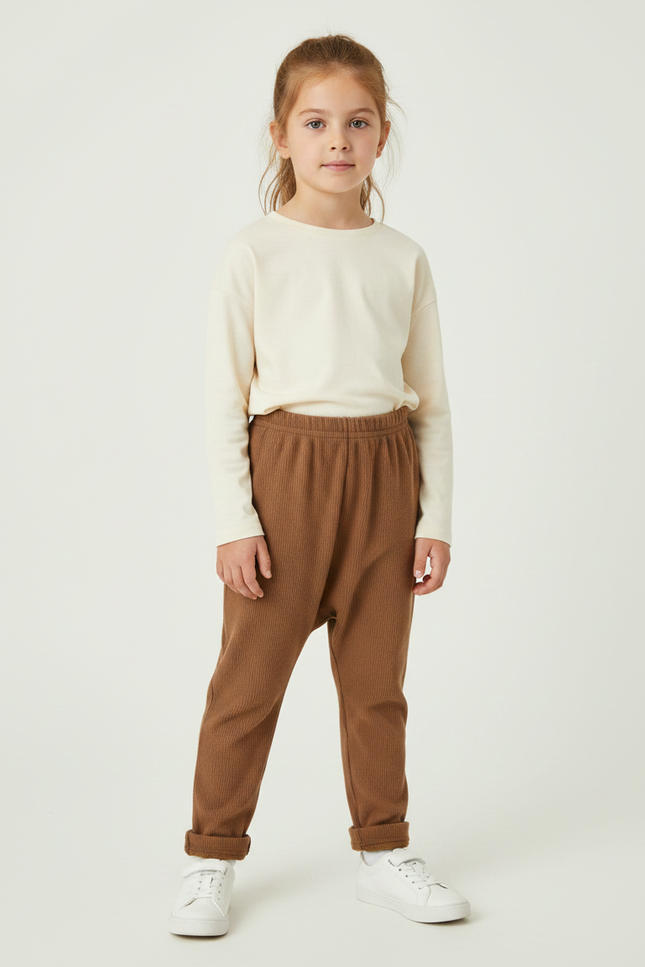 Pantalon Marron Côtelé Enfant Ample Confortable - Maille