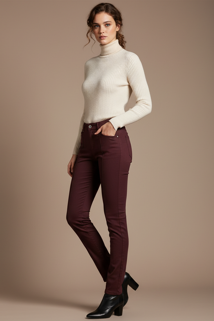 Pantalon Marron Slim, Taille Moyenne, Élégant, Femme - Bordeaux Gabardine