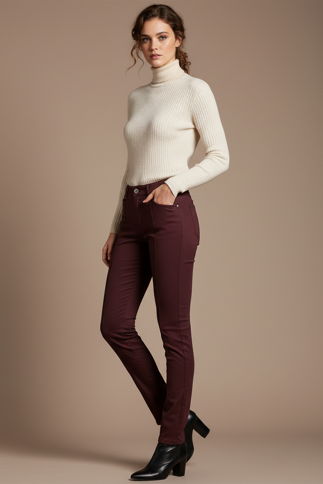 Pantalon Marron Slim, Taille Moyenne, Élégant, Femme - Bordeaux Gabardine