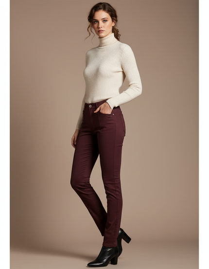 Pantalon Marron Slim, Taille Moyenne, Élégant, Femme - Bordeaux Gabardine